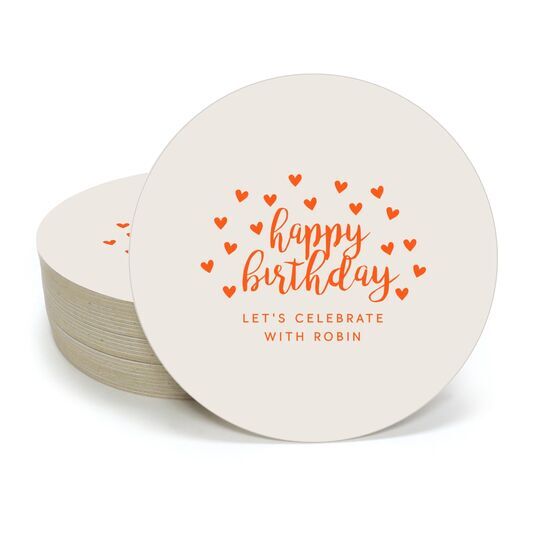 Confetti Hearts Happy Birthday Round Coasters